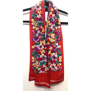 Vintage Signed HONEY Red Yellow Purple Pansies Floral Silk Rectangle Scarf